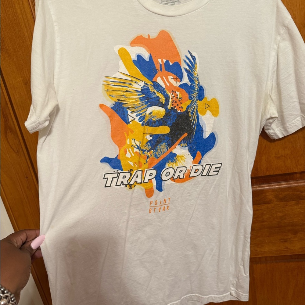 White and Blue Short Sleeve Tee with Graphic Design